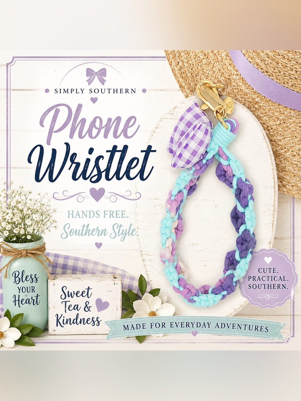 NWT Simply Southern Braided Phone Wristlet Strap Lavender Mint Gold Clip